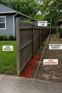Fence crossing a property line between two lots showing a boundary encroachment issue on a commercial property