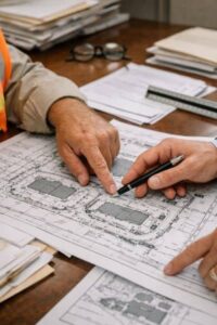 Professionals reviewing ALTA survey plans and commercial property documents during title review
