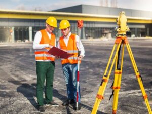 Surveyors reviewing a commercial property site during an ALTA survey inspection