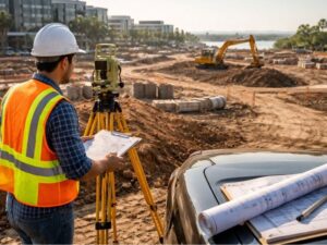 Surveyor reviewing construction plans and measuring a completed development for an as-built survey