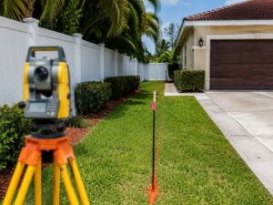 Boundary survey showing a residential fence and driveway near a property line marker