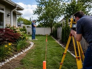 Boundary survey in a residential backyard with a surveyor measuring property lines near a fence