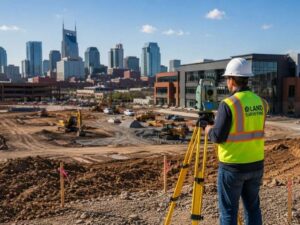 Surveyor performing a commercial property survey at an active construction site with heavy equipment and city development in the background