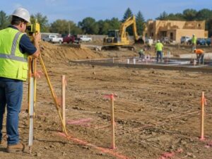 Surveyor marking construction staking points on a building site before foundation work begins