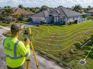 Surveyor performing a topographic survey on a residential property to map elevation and drainage patterns