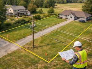 Licensed residential land surveyor reviewing blueprint with yellow property boundary lines marked on a residential lot
