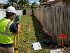 Licensed surveyor using a total station to verify a residential property boundary before replacing a shared fence between neighboring homes in Miramar, FL.