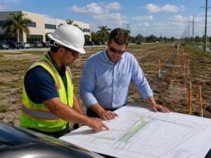 Civil engineer and commercial property buyer reviewing a boundary survey and site plan at a development site with utility corridors and drainage easements before commercial construction planning.