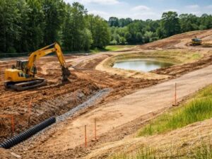 Construction surveyor grading a site and planning drainage features to prevent water problems before development begins.