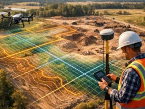 Surveyor using GPS equipment while a drone performs LiDAR mapping with contour lines to evaluate a low-lying site before development