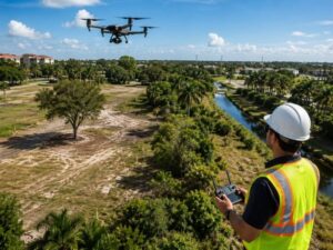 Surveyor operating a drone above a development site with trees, a drainage canal, and open land to capture aerial survey data for site planning.
