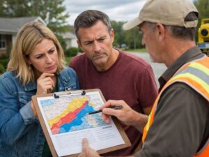 Homeowners reviewing flood zone information and an elevation certificate with a land surveyor before renewing flood insurance