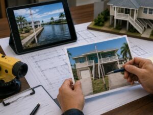 Surveyor reviewing an elevation certificate with property plans and flood elevation reference materials before flood insurance assessment.