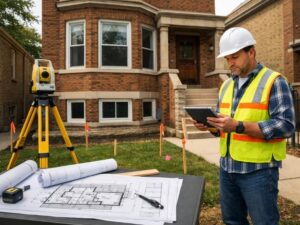Land surveyor reviewing plans and measuring an older home to verify lot boundaries before closing