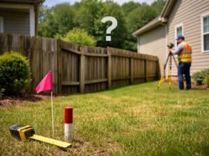 Lawn with a pink boundary flag, a red-and-white marker, and a tape measure in the foreground; a surveyor with a tripod is in the background near a house fence.