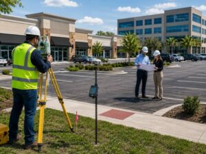Licensed land surveyor performing an ALTA land title survey at a retail and office property before a commercial real estate transaction.