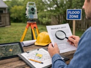 Person inspecting a property deed with a magnifying glass at an outdoor survey, with a flood zone sign and surveying gear nearby.