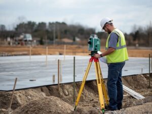 Surveyor checking construction site elevations with surveying equipment in Miramar Florida before building pad and utility installation