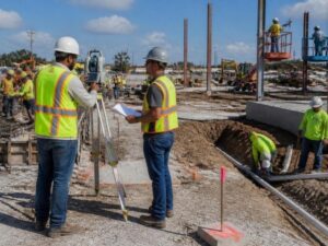 Construction surveyor coordinating layout with multiple trades on a crowded commercial building site in Miramar, Florida.