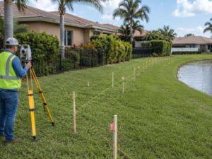 Land survey for fence projects along curved property lines in Miramar Florida showing a surveyor marking fence layout points near a curved lot boundary 