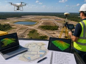 Drone land survey being conducted on a large development site in Miramar, Florida, with a surveyor using aerial mapping technology to capture topographic data and create a base map before civil engineering plans begin.