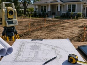 Surveying equipment and site plans at a residential construction site in Miramar, Florida, illustrating the need to update an older property survey before submitting a building permit application.