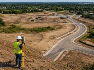 Surveyor using a level on a tripod overlooking a winding road construction site with earthworks and machinery in the distance