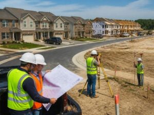 Surveyors mapping lots and reviewing a subdivision plat at a phased townhome development in Miramar, Florida.