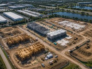 Aerial survey showing multiple phases of a commercial construction project in Miramar, FL for construction progress tracking and site coordination.