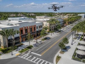 Survey drone mapping storefronts, sidewalks, crosswalks, curb lines, and outdoor seating along a walkable retail block in Miramar, Florida.