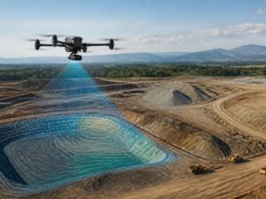 Survey drone mapping earthwork stockpiles, fill areas, and haul routes on a construction site in Miramar, Florida.