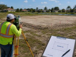 Topographic survey of a flat residential building site in Miramar, FL showing building pad layout, elevation measurements, and site preparation before construction.