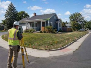 Average cost for a land survey in Miramar Florida showing a surveyor measuring an irregular corner lot with multiple street frontages.