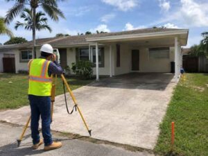 Land surveying in Miramar Florida showing a surveyor measuring a home carport before converting the space into living area 