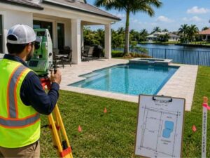 Lot survey in Miramar Florida for planning a backyard swimming pool and surrounding improvements.