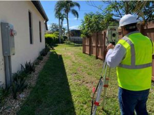 Property Line Survey in Miramar, Florida showing a surveyor verifying property boundaries before adding a side yard walkway.