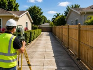 Property survey for fence replacement beside a shared driveway in Miramar Florida showing a surveyor checking fence placement and property boundaries
