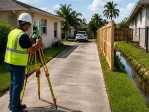 Surveyor checking fence placement near a drainage easement line in Miramar Florida
