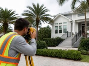 Land surveyor measuring elevations outside a renovated home in Miramar, Florida.